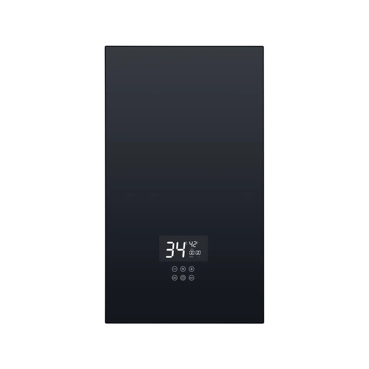 Black instant electric water heater shown from the front Black instant electric water heater shown from the front